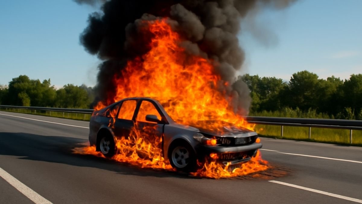 Burning Car on highway Burning Car on highway its shows importance of car fire extinguisher