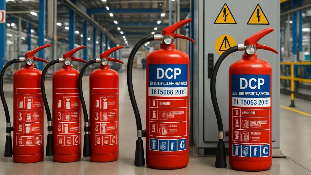 Various type of DCP Fire Extinguisher DCP (Dry Chemical Powder) fire extinguishers of various sizes arranged in an industrial facility, with detailed safety instruction labels and electrical warning signs in the background.