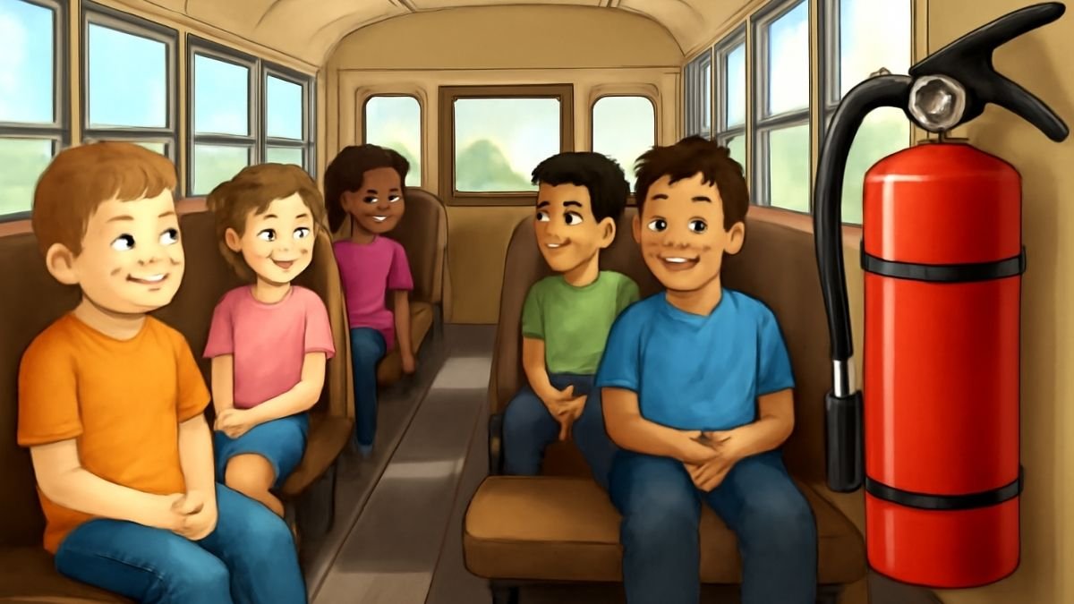 fire extinguisher in school bus Indian school bus interior with an ISI-marked ABC type fire extinguisher mounted near the driver seat for safety