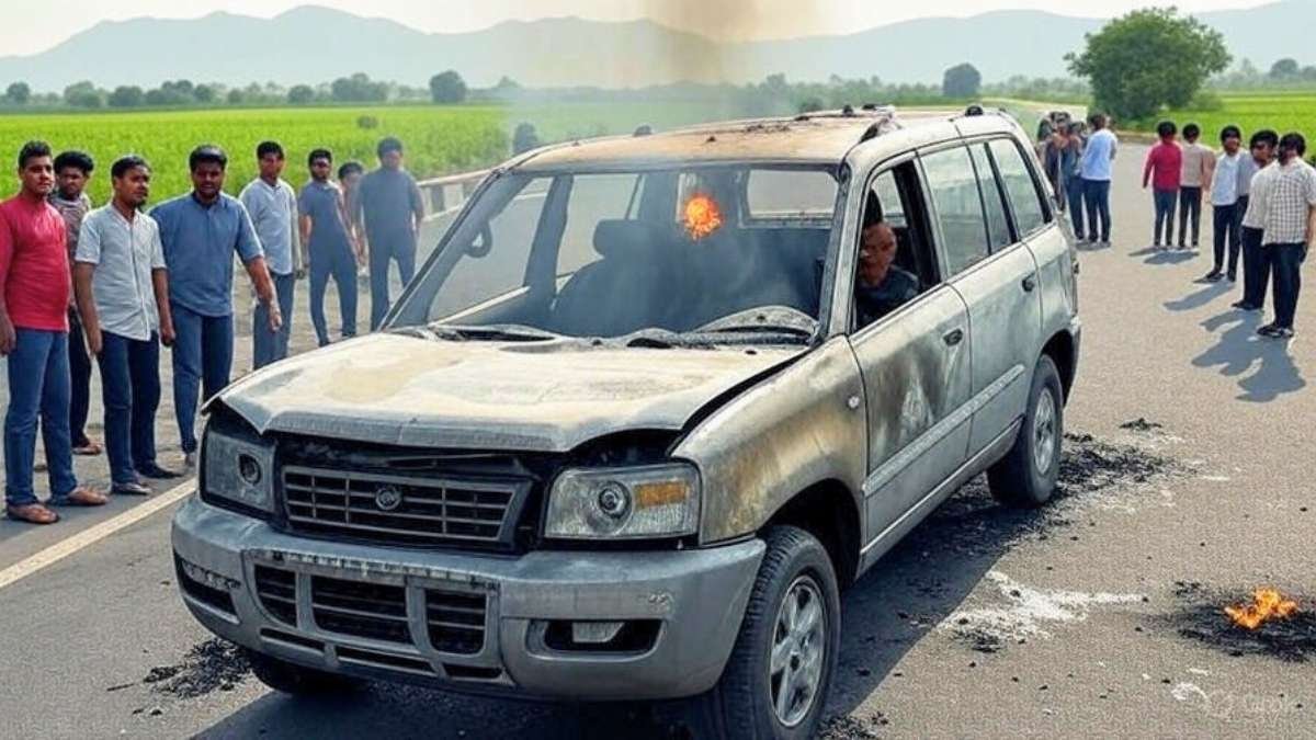 fire extinguisher in school bus Burning car on highway with smoke – importance of car fire safety and co2 fire extinguisher
