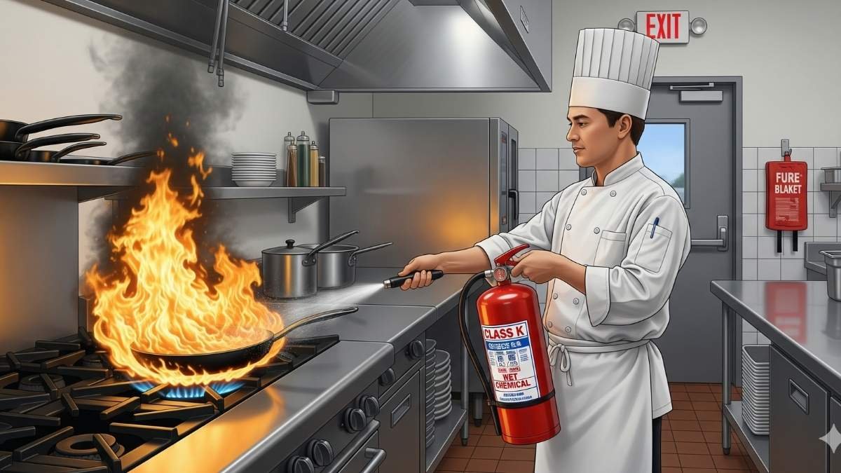 Chef using Class K Fire Extinguisher 