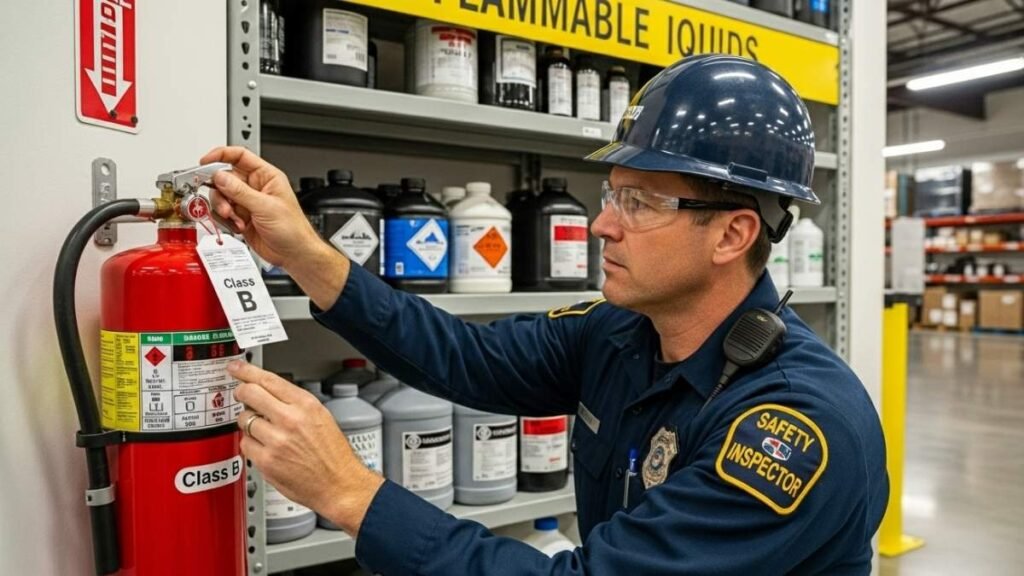 7 Facts About Class B Fire Extinguisher: Uses & Safety Guide 5 Safety officer inspecting Class B fire extinguisher near chemical storage area.