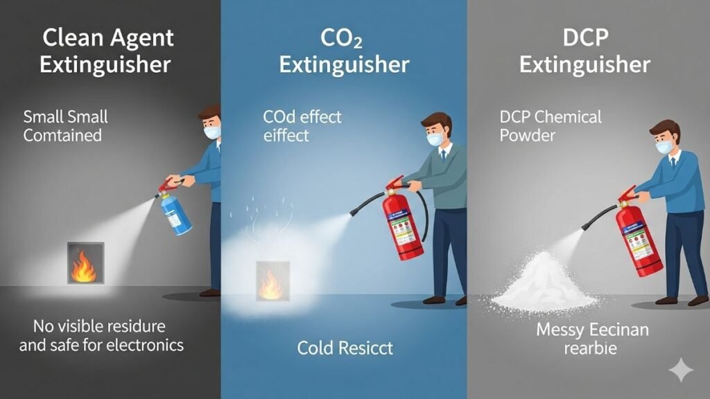 Comparison chart of Clean Agent, CO₂, and DCP Fire Extinguishers with pros and cons.