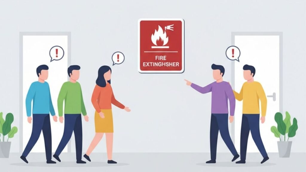 5 Key Fire Extinguisher Signs for Fire Safety 2 Office corridor with clearly visible fire extinguisher signs showing red background and white symbol, highlighting importance in fire safety.