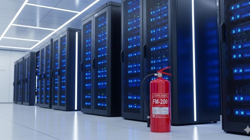Portable Clean Agent Fire Extinguisher placed in a server room for fire protection and data safety.