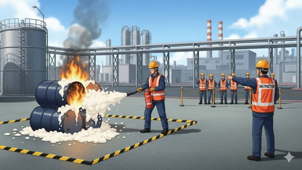 7 Facts About Class B Fire Extinguisher: Uses & Safety Guide 3 Worker using Class B fire extinguisher on burning oil drums during fire safety training.