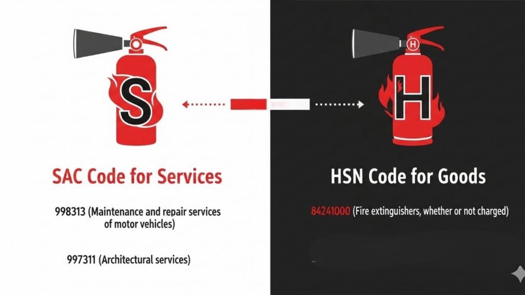 HSN code for extinguishers and SAC code for fire safety services infographic.