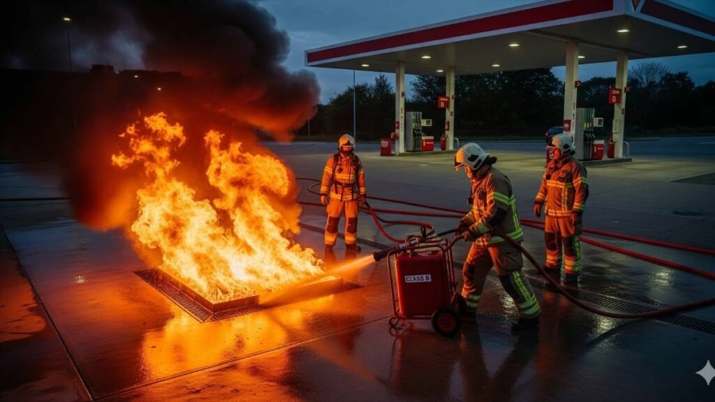7 Facts About Class B Fire Extinguisher: Uses & Safety Guide 4 Hand using foam-based Class B fire extinguisher on burning petrol fire.
