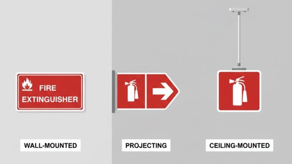 5 Key Fire Extinguisher Signs for Fire Safety 3 Comparison of wall-mounted, projecting, and ceiling-mounted fire extinguisher signs displayed side by side for safety awareness.