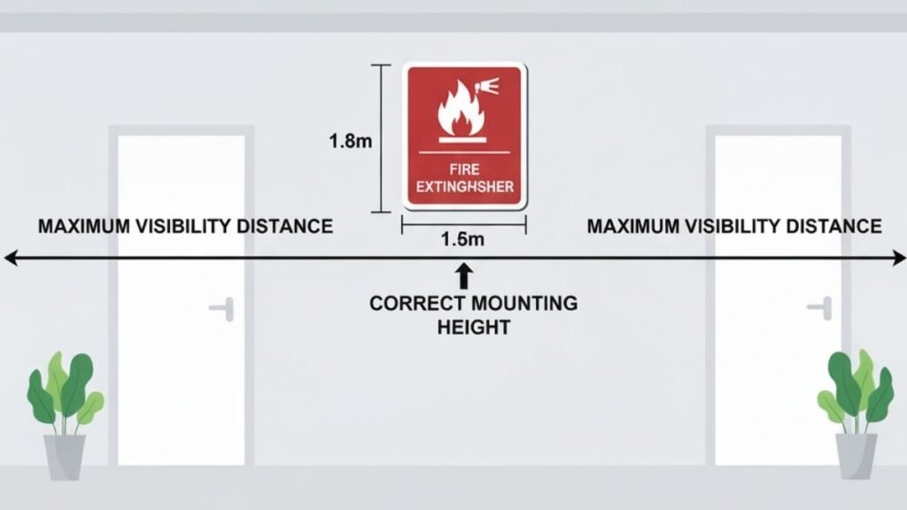 5 Key Fire Extinguisher Signs for Fire Safety 4 Diagram showing correct placement height of fire extinguisher signs at 1.5 to 1.8 meters with visibility guidelines.
