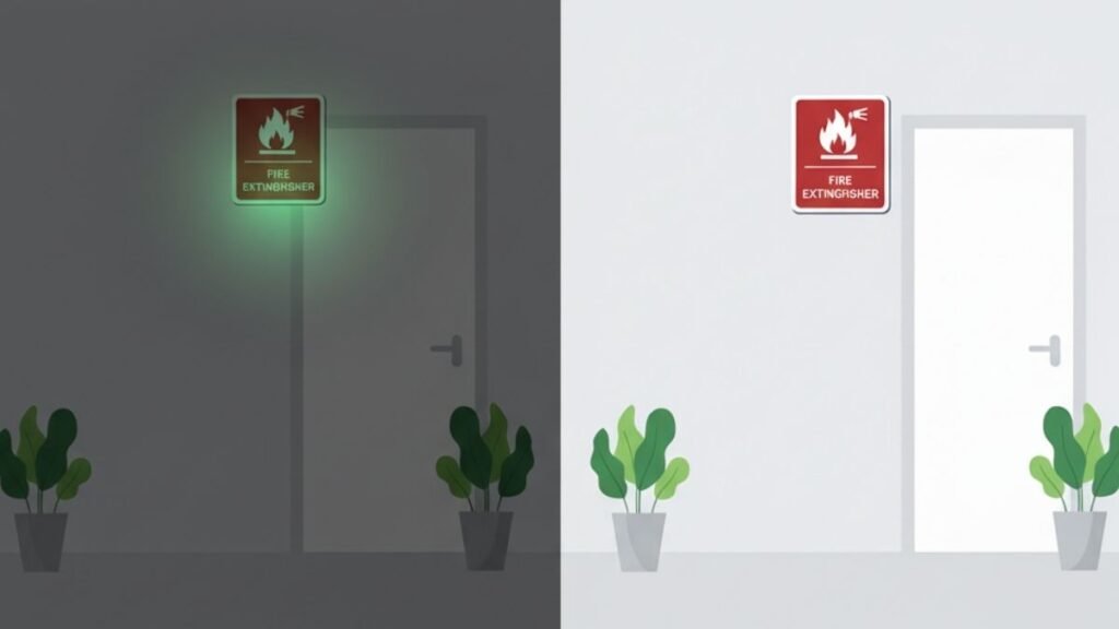5 Key Fire Extinguisher Signs for Fire Safety 6 comparison of photoluminescent glow-in-the-dark fire extinguisher signs versus normal non-glow signs.