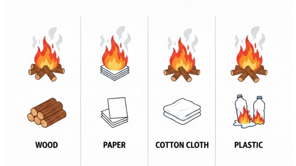 Class A Fire examples showing wood, paper, and cloth materials burning