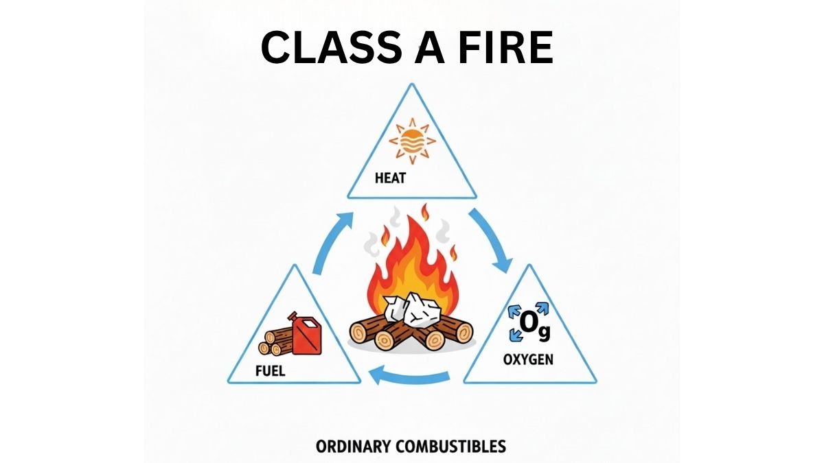 Class A Fire illustration showing burning wood and paper with fire triangle concept