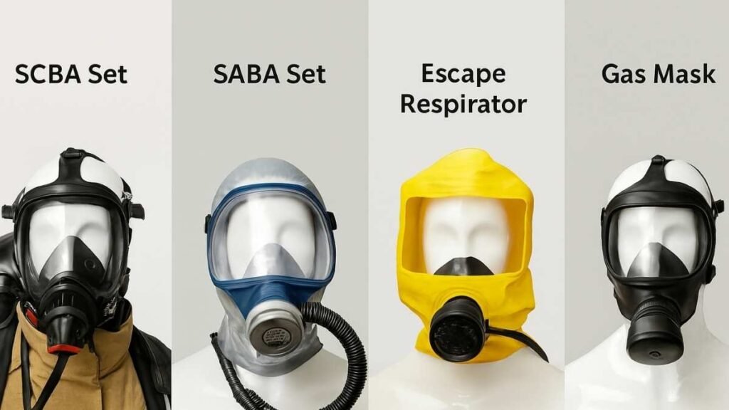 Comparison of SCBA set, SABA, escape respirator, and gas mask worn by mannequins in studio lighting.  
