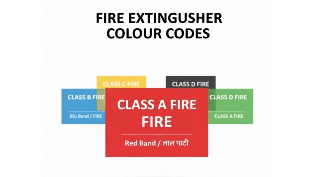 Fire extinguisher colour code chart showing red band for Class A fire