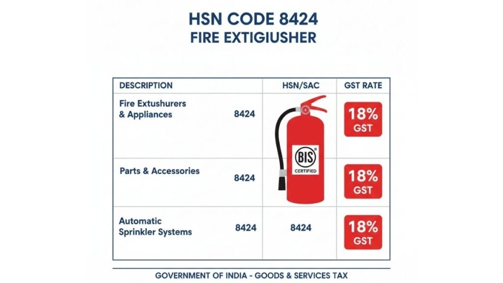 Fire extinguisher HSN code 8424 and GST rate 18% infographic chart