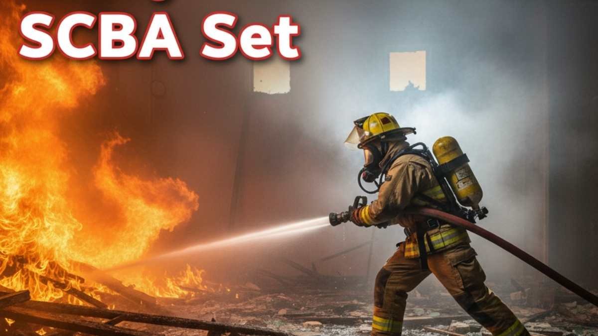 SCBA set in action during firefighting inside a smoke-filled building, with flames, debris, and water spray.