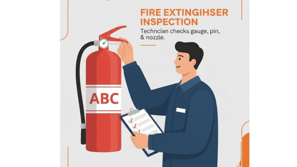 Technician inspecting ABC Fire Extinguisher vector illustration