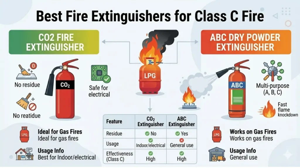 Best fire extinguishers for Class C fire CO2 vs ABC dry powder comparison infographic