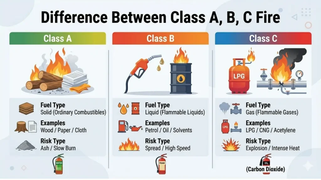 Difference between Class A B C fire with examples and extinguisher types infographic