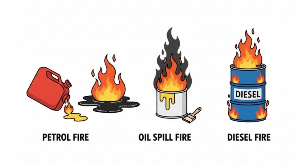 class b fire examples vector illustration with flammable liquids