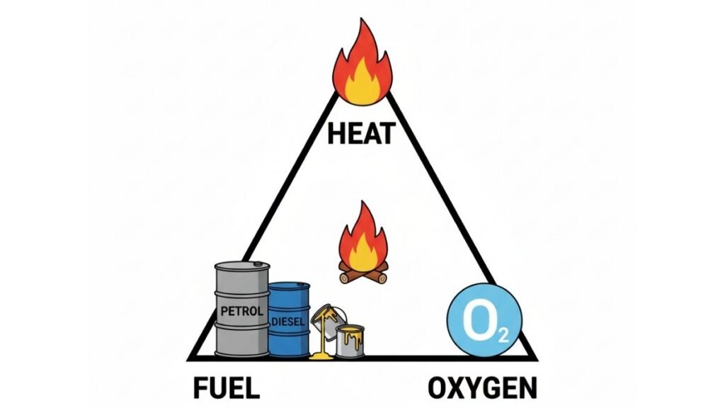fire triangle diagram showing heat fuel oxygen for class b fire