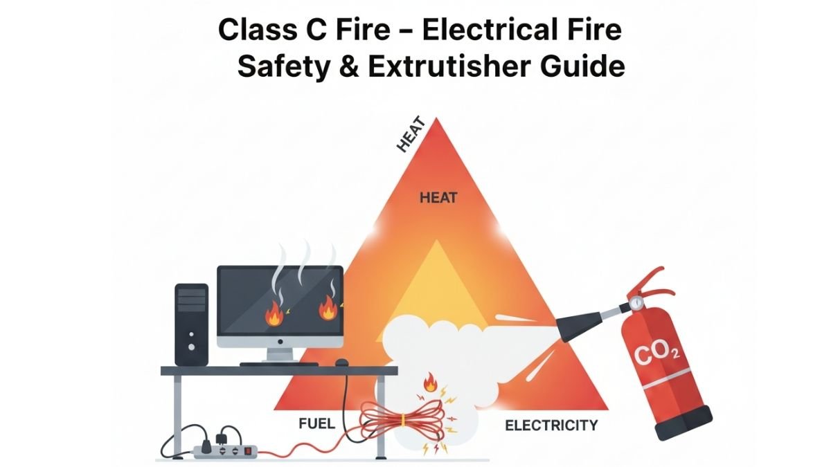 Class C fire vector showing electrical fire with CO2 extinguisher and safety guide