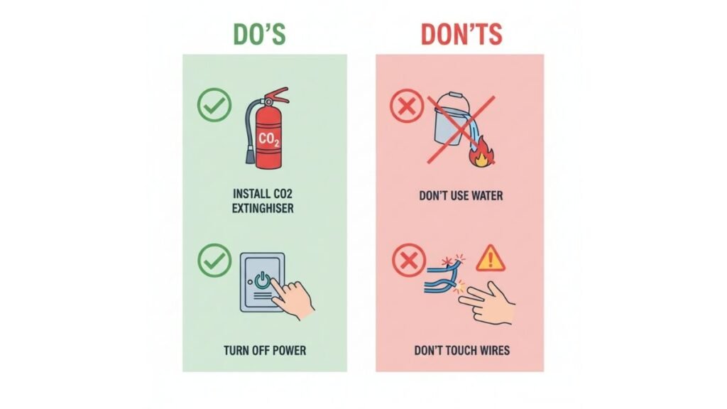 infographic showing dos and donts for class c electrical fire