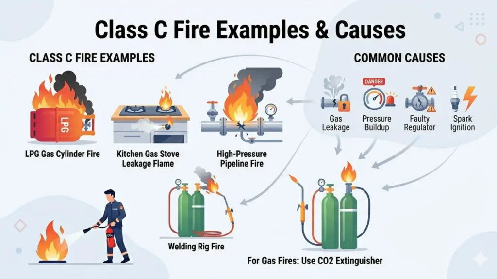 Class C fire examples and causes infographic showing LPG gas leak and ignition sources