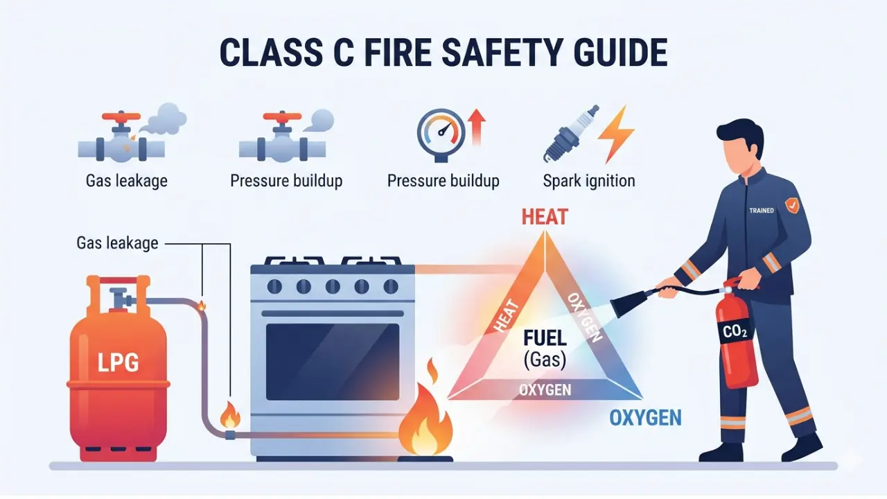 Class C fire caused by LPG gas leak with CO2 fire extinguisher safety illustration