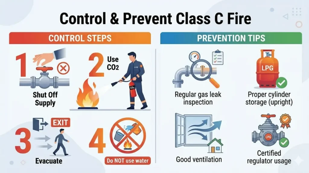 How to control and prevent Class C fire using CO2 extinguisher and gas safety tips infographic