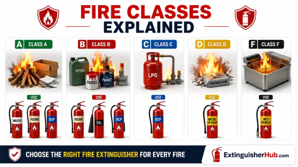 Fire Classes Explained infographic showing Class A, B, C, D and F fires with recommended fire extinguisher types and uses based on BIS standards in India.