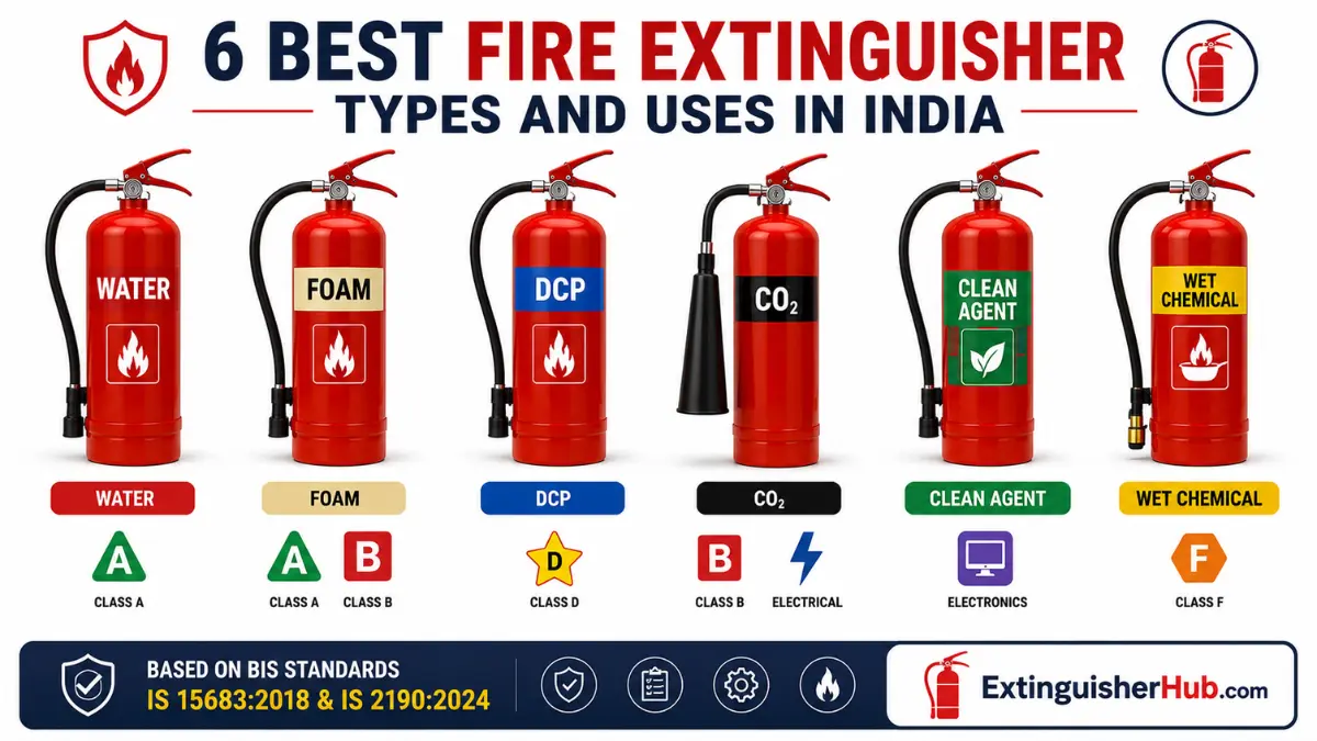 6 Best Fire Extinguisher Types and Uses in India infographic showing Water, Foam, DCP, CO₂, Clean Agent and Wet Chemical fire extinguishers with BIS Standards IS 15683:2018 and IS 2190:2024