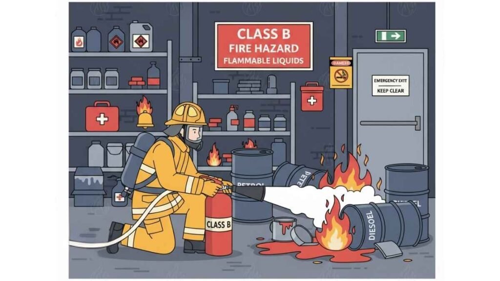 firefighter using foam extinguisher on class b fire vector