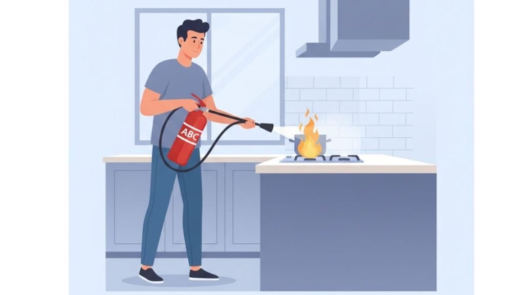 Home kitchen fire controlled using ABC Fire Extinguisher vector illustration