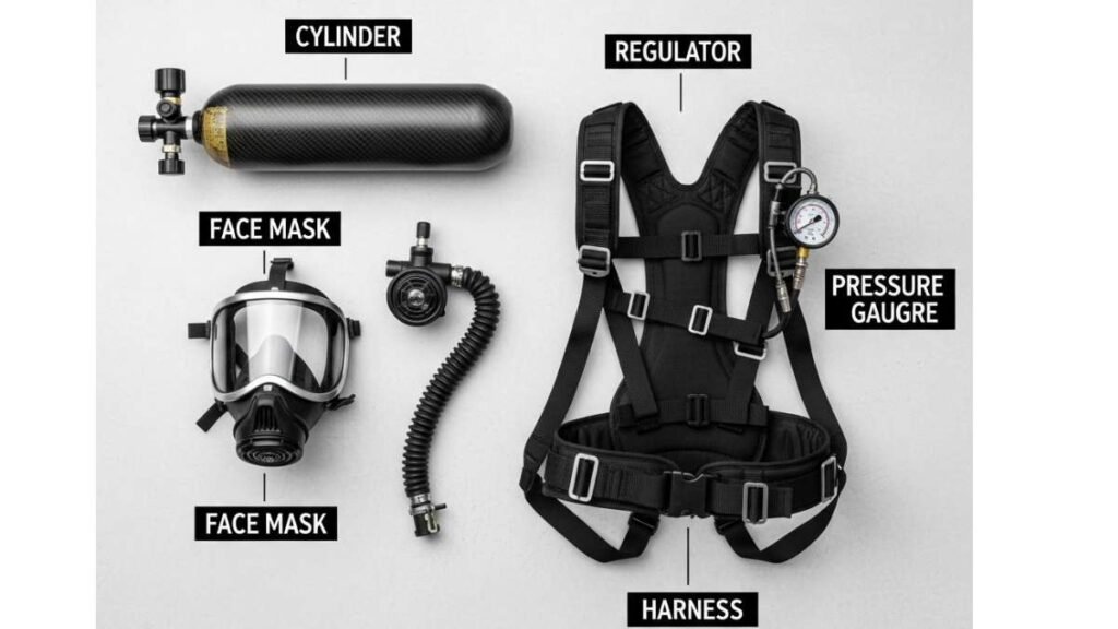 Flat lay of SCBA set components including cylinder, face mask, regulator, harness, and pressure gauge.  