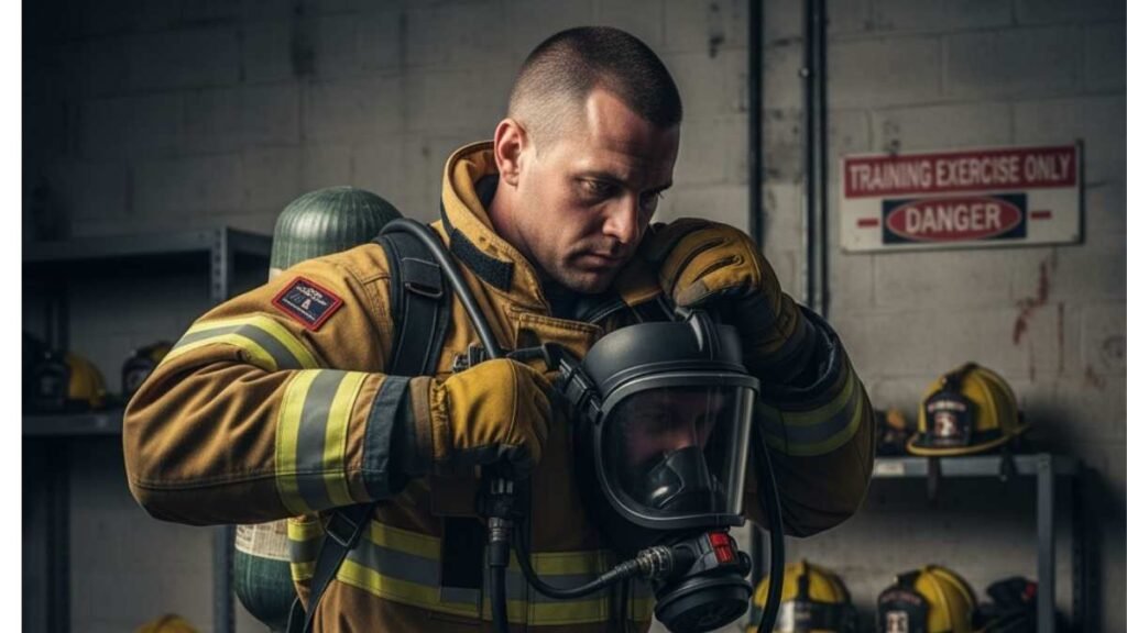 Firefighter donning SCBA set during training drill, adjusting straps and checking mask seal.  