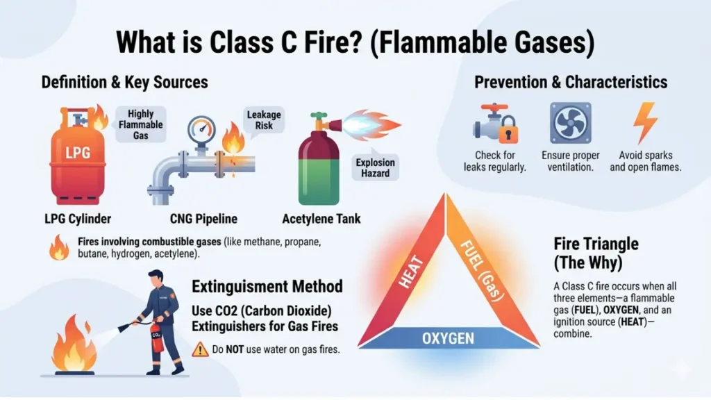 What is Class C fire infographic showing LPG CNG gas fire with fire triangle explanation