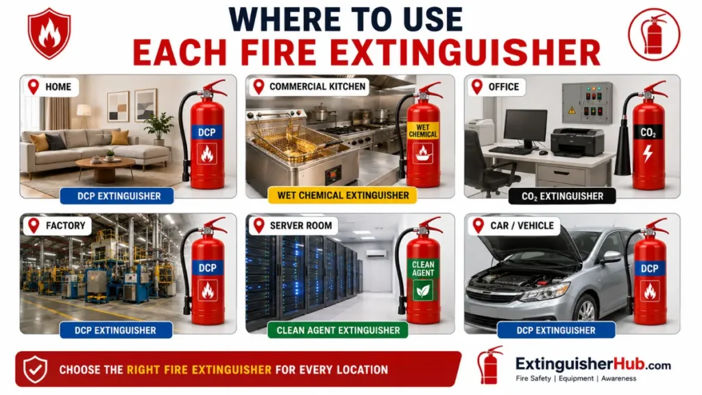 Where to Use Each Fire Extinguisher infographic showing the recommended fire extinguisher types and uses for home, office, factory, commercial kitchen, server room and vehicle based on BIS standards in India.