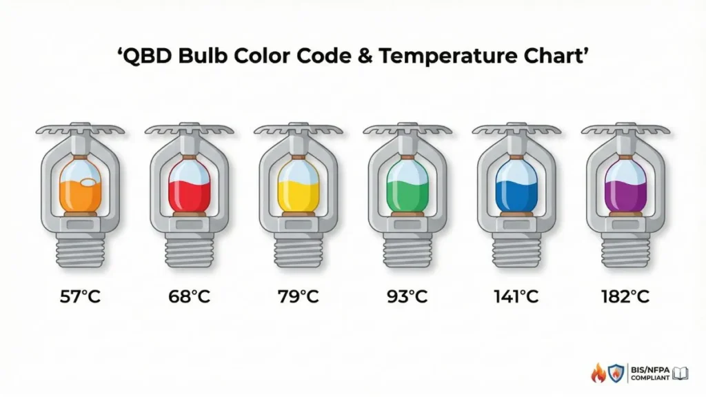 QBD Bulb color coding chart showing 6 sprinkler bulbs with temperature ratings – Fire Sprinkler System Guide