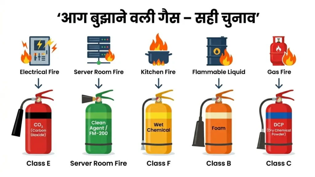 aag bujhane wali gas types chart – CO2 for Class E electrical fire, foam for Class B, DCP for Class C gas fire, wet chemical for Class F kitchen fire