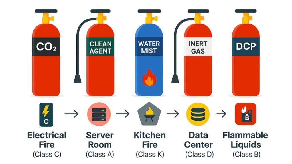 “Aag Bujhane Wali Gas ke 7 types – CO₂, Clean Agent, Novec 1230, DCP, Inert Gas, Halon, Water Mist”