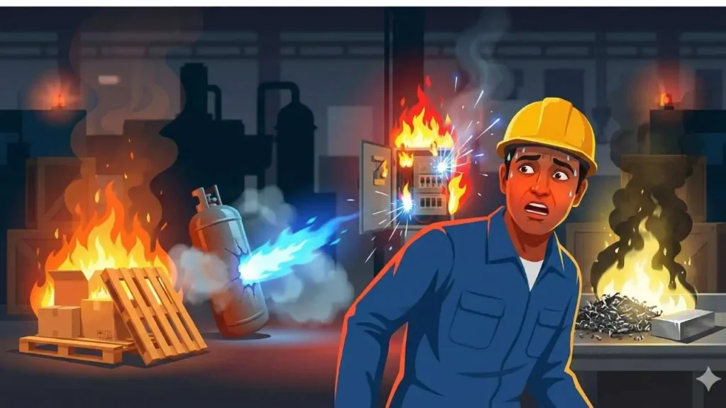 Aag kitane prakar ki hoti hai – fire types illustration showing human panic and fire safety risk