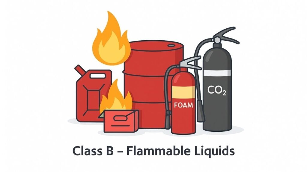 Class B Fire illustration showing flammable liquid fire – Aag Kitne Prakar Ki Hoti Hai.