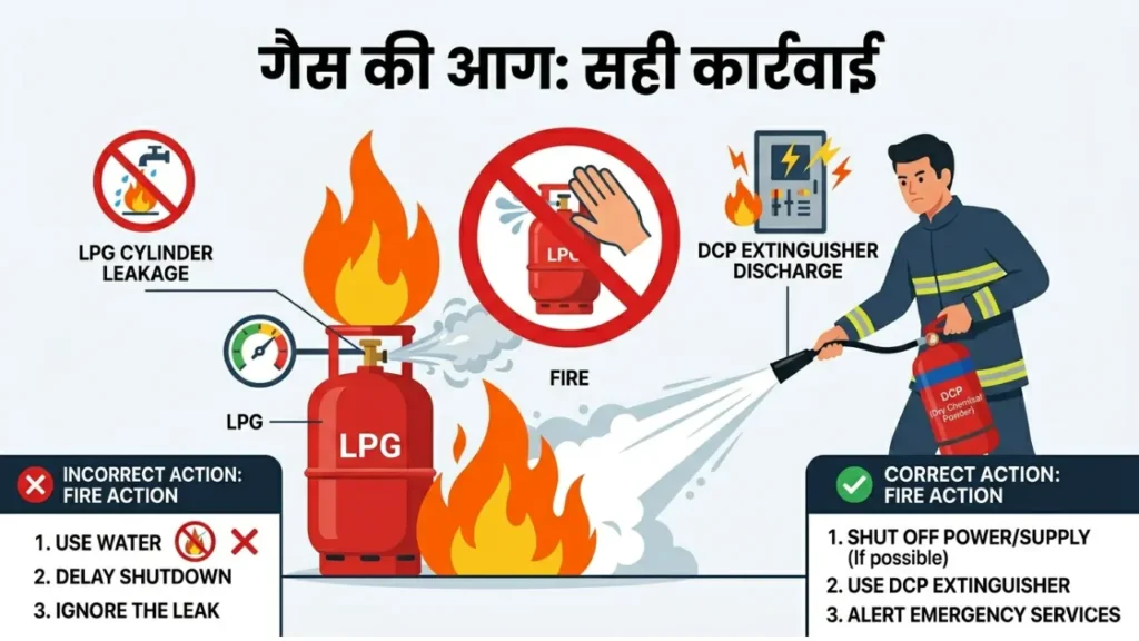 Class C fire example LPG gas fire and dry powder extinguisher use aag kitane prakar ki hoti hai