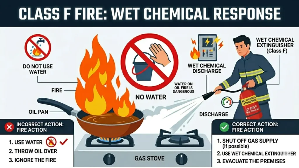 Class F fire cooking oil fire wet chemical extinguisher use kitchen safety aag kitane prakar ki hoti hai