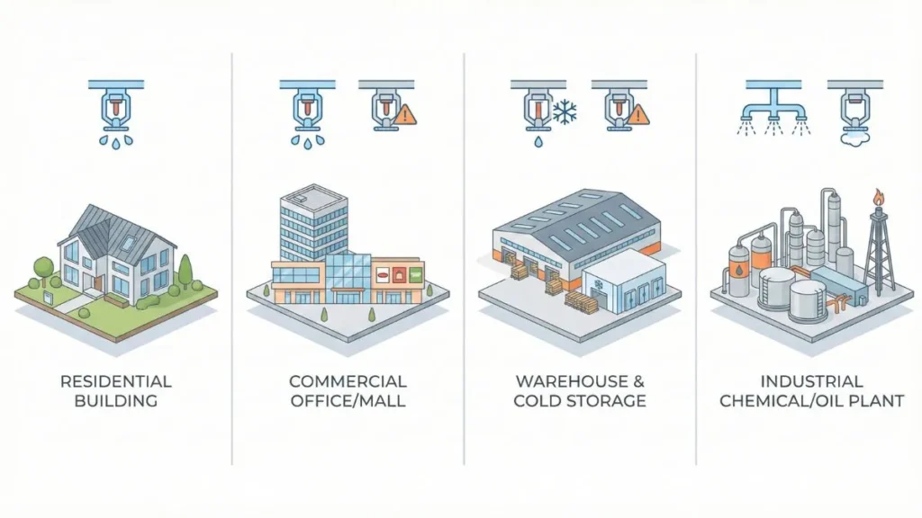 Applications of Fire Sprinkler System in residential, commercial, warehouse & industrial areas