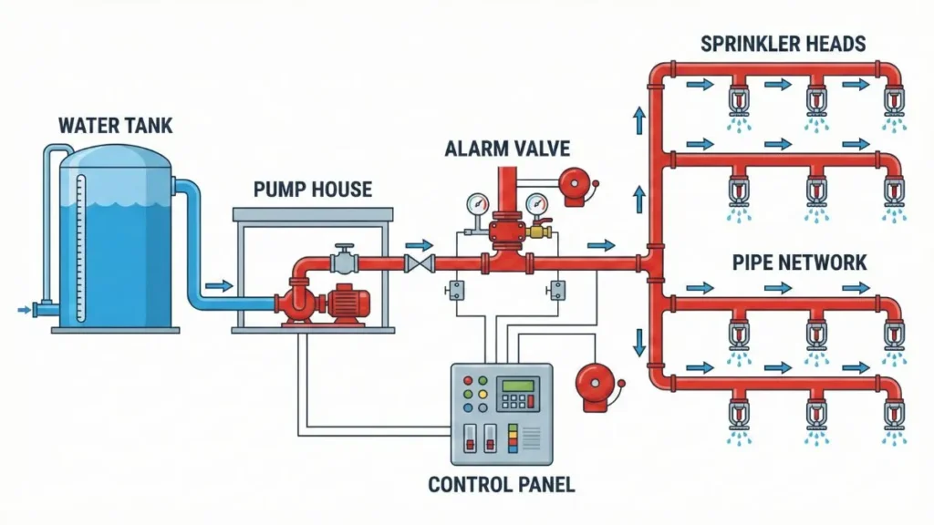 Fire Sprinkler System Components including pumps, pipes, valves, alarm devices