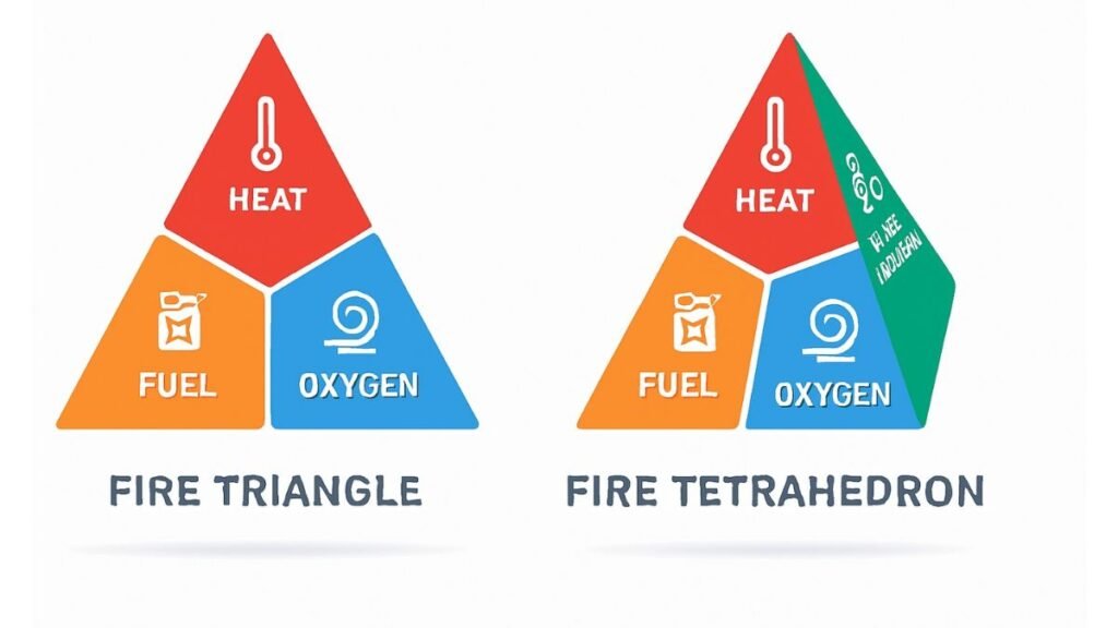 Icon set of Heat, Fuel, Oxygen, Chain Reaction