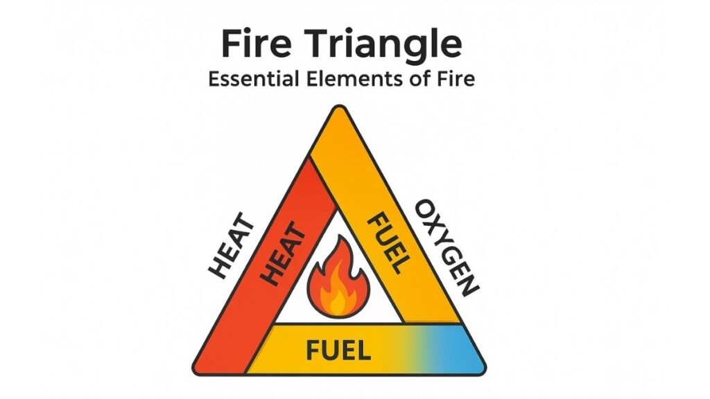 Fire Triangle vector illustration showing Heat, Fuel, and Oxygen with central flame symbol on white background.